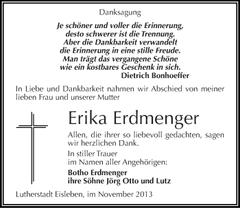 Traueranzeige von Erika Erdmenger von Mitteldeutsche Zeitung Mansfelder Land