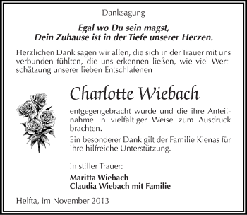 Traueranzeige von Charlotte Wiebach von Mitteldeutsche Zeitung Mansfelder Land