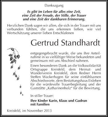 Traueranzeige von Gertrud Standhardt von Mitteldeutsche Zeitung Mansfelder Land