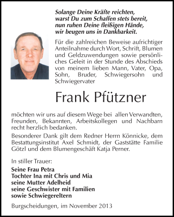 Traueranzeige von Frank Pfützner von Mitteldeutsche Zeitung Naumburg/Nebra