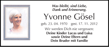 Traueranzeige von Yvonne Gösel von Mitteldeutsche Zeitung Naumburg/Nebra