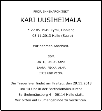 Traueranzeige von Kari Uusiheimala von Mitteldeutsche Zeitung Halle/Saalkreis