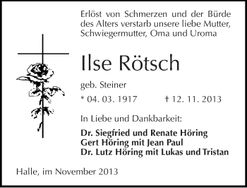 Traueranzeige von Ilse Rötsch von Mitteldeutsche Zeitung Halle/Saalkreis