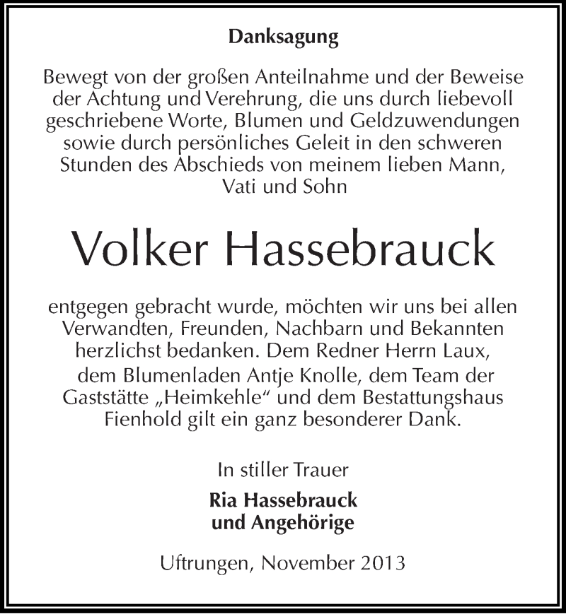  Traueranzeige für Volker Hassebrauck vom 16.11.2013 aus Mitteldeutsche Zeitung Sangerhausen