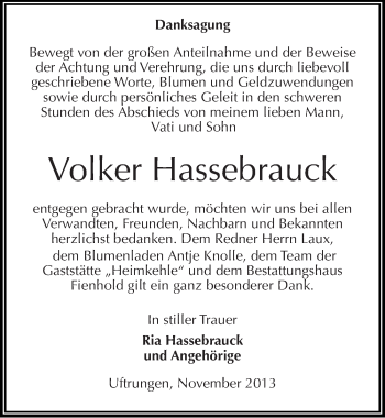Traueranzeige von Volker Hassebrauck von Mitteldeutsche Zeitung Sangerhausen