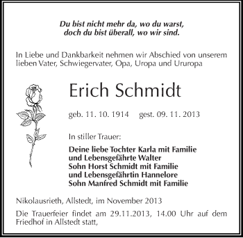Traueranzeige von Erich Schmidt von Mitteldeutsche Zeitung Sangerhausen