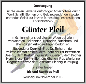 Traueranzeige von Günter Pleil von Mitteldeutsche Zeitung Köthen