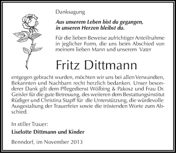 Traueranzeige von Fritz Dittmann von Mitteldeutsche Zeitung Mansfelder Land