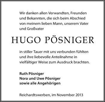 Traueranzeige von Hugo Pösniger von Mitteldeutsche Zeitung Weißenfels