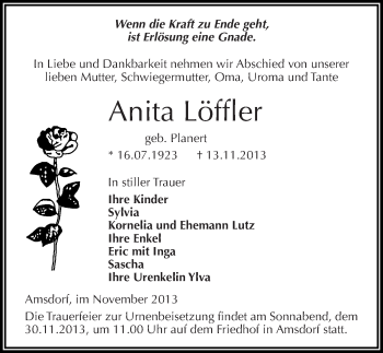 Traueranzeige von Anita Löffler von Mitteldeutsche Zeitung Mansfelder Land
