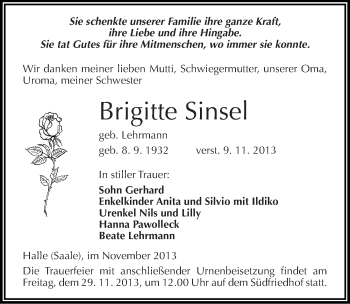 Traueranzeige von Brigitte Sinsel von Mitteldeutsche Zeitung Halle/Saalkreis