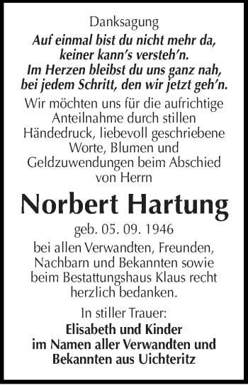 Traueranzeige von Norbert Hartung von Mitteldeutsche Zeitung Weißenfels