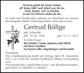 Traueranzeige von Gertrud Böltge von Mitteldeutsche Zeitung Naumburg/Nebra