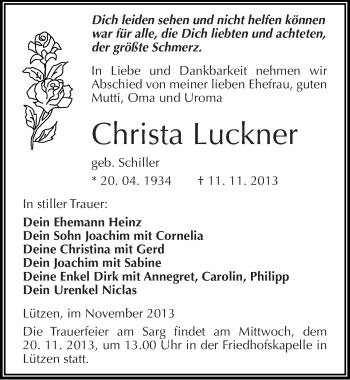 Traueranzeige von Christa Luckner von Mitteldeutsche Zeitung Weißenfels