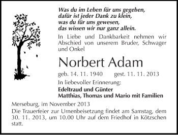 Traueranzeige von Norbert Adam von Mitteldeutsche Zeitung Merseburg/Querfurt