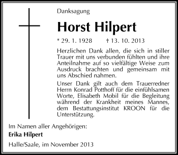 Traueranzeige von Horst Hilpert von Mitteldeutsche Zeitung Halle/Saalkreis