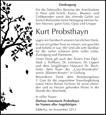 Traueranzeige von Kurt Probsthayn von Mitteldeutsche Zeitung Köthen