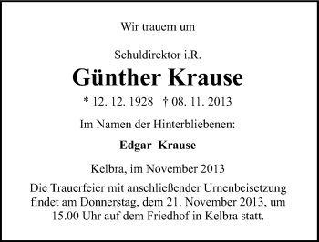 Traueranzeige von Günther Krause von Mitteldeutsche Zeitung Sangerhausen