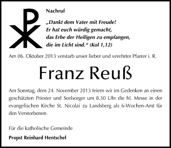 Traueranzeige von Franz Reuß von Mitteldeutsche Zeitung Halle/Saalkreis