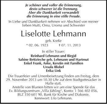Traueranzeige von Liselotte Lehmann von Mitteldeutsche Zeitung Halle/Saalkreis