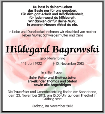 Traueranzeige von Hildegard Bagrowski von Mitteldeutsche Zeitung Köthen