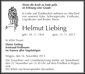 Traueranzeige von Helmut Liebing von Mitteldeutsche Zeitung Aschersleben