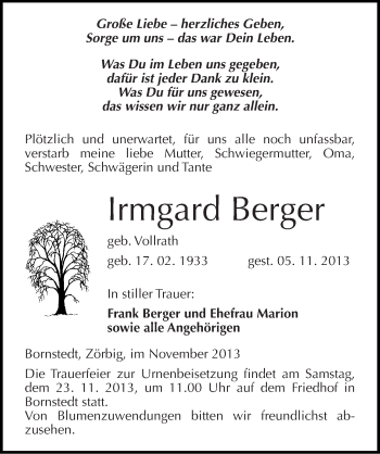 Traueranzeige von Irmgard Berger von Mitteldeutsche Zeitung Mansfelder Land