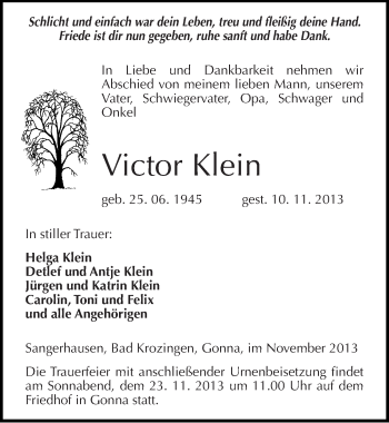 Traueranzeige von Victor Klein von Mitteldeutsche Zeitung Sangerhausen