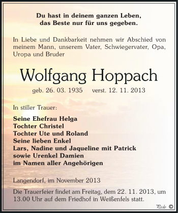 Traueranzeige von Wolfgang Hoppach von Mitteldeutsche Zeitung Weißenfels