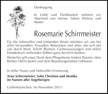 Traueranzeige von Rosemarie Schirrmeister von Mitteldeutsche Zeitung Wittenberg