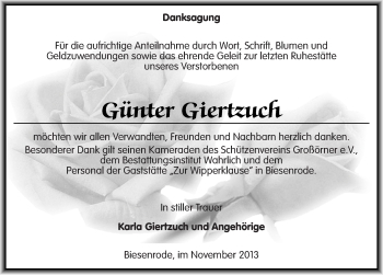 Traueranzeige von Günter Giertzuch von Mitteldeutsche Zeitung Mansfelder Land