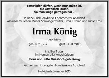 Traueranzeige von Irma König von Mitteldeutsche Zeitung Halle/Saalkreis