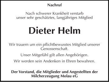 Traueranzeige von Dieter Helm von Mitteldeutsche Zeitung Naumburg/Nebra