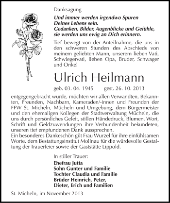 Traueranzeige von Ulrich Heilmann von Mitteldeutsche Zeitung Merseburg/Querfurt