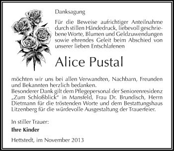 Traueranzeige von Alice Pustal von Mitteldeutsche Zeitung Mansfelder Land