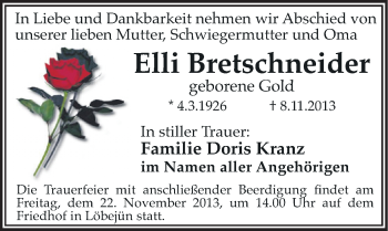 Traueranzeige von Elli Bretschneider von Mitteldeutsche Zeitung Halle/Saalkreis