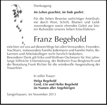 Traueranzeige von Franz Begehold von Mitteldeutsche Zeitung Sangerhausen