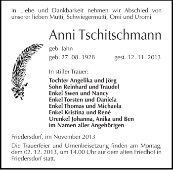Traueranzeige von Anni Tschitschmann von Mitteldeutsche Zeitung Bitterfeld
