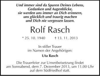 Traueranzeige von Rolf Rasch von Mitteldeutsche Zeitung Halle/Saalkreis