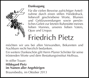 Traueranzeige von Friedrich Pietz von Mitteldeutsche Zeitung Merseburg/Querfurt