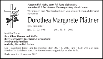 Traueranzeige von Dorothea Margarete Plättner von Mitteldeutsche Zeitung Quedlinburg