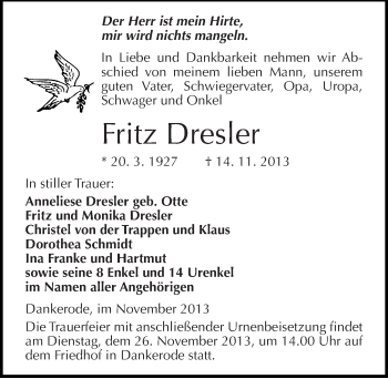 Traueranzeige von Fritz Dresler von Mitteldeutsche Zeitung Quedlinburg