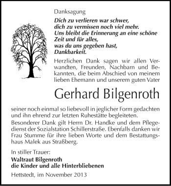 Traueranzeige von Gerhard Bilgenroth von Mitteldeutsche Zeitung Mansfelder Land