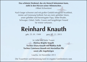 Traueranzeige von Reinhard Knauth von Mitteldeutsche Zeitung Naumburg/Nebra