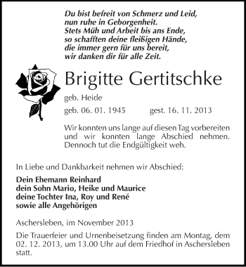 Traueranzeige von Brigitte Gertitschke von Mitteldeutsche Zeitung Aschersleben