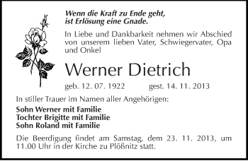 Traueranzeige von Werner Dietrich von Mitteldeutsche Zeitung Halle/Saalkreis