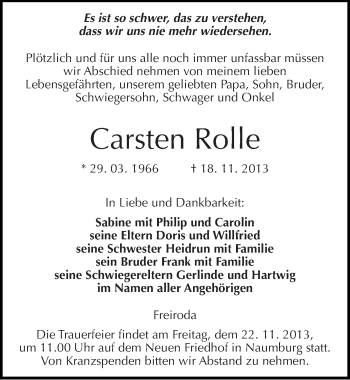 Traueranzeige von Carsten Rolle von Mitteldeutsche Zeitung Naumburg/Nebra