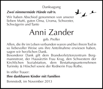Traueranzeige von Anni Zander von Mitteldeutsche Zeitung Halle/Saalkreis
