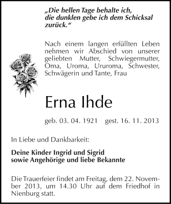 Traueranzeige von Erna Ihde von Mitteldeutsche Zeitung Bernburg