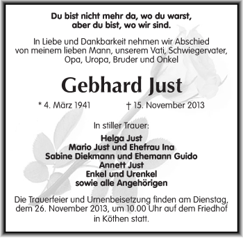 Traueranzeige von Gebhard Just von Mitteldeutsche Zeitung Köthen